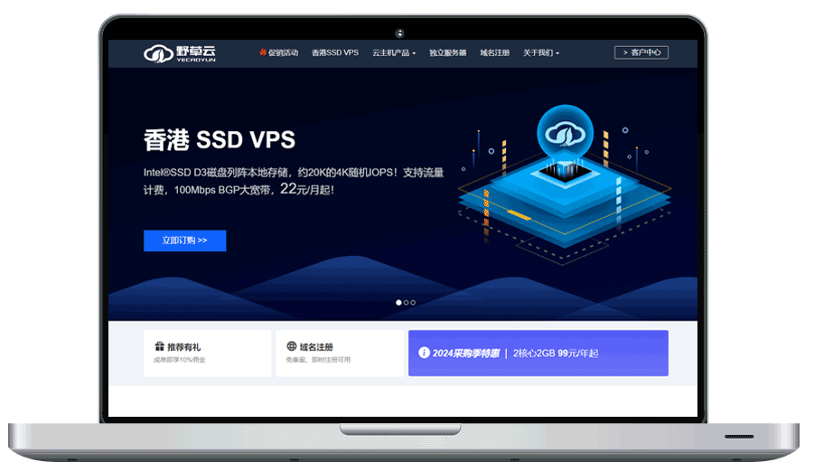 野草云 香港SSD VPS BGP带宽 有linux和windows 2c2g 年付8.25元/月  100M BGP 年付4.5折
